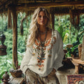 Vintage Bohemian Floral Embroidery Linen Blend Shirt elevenforest