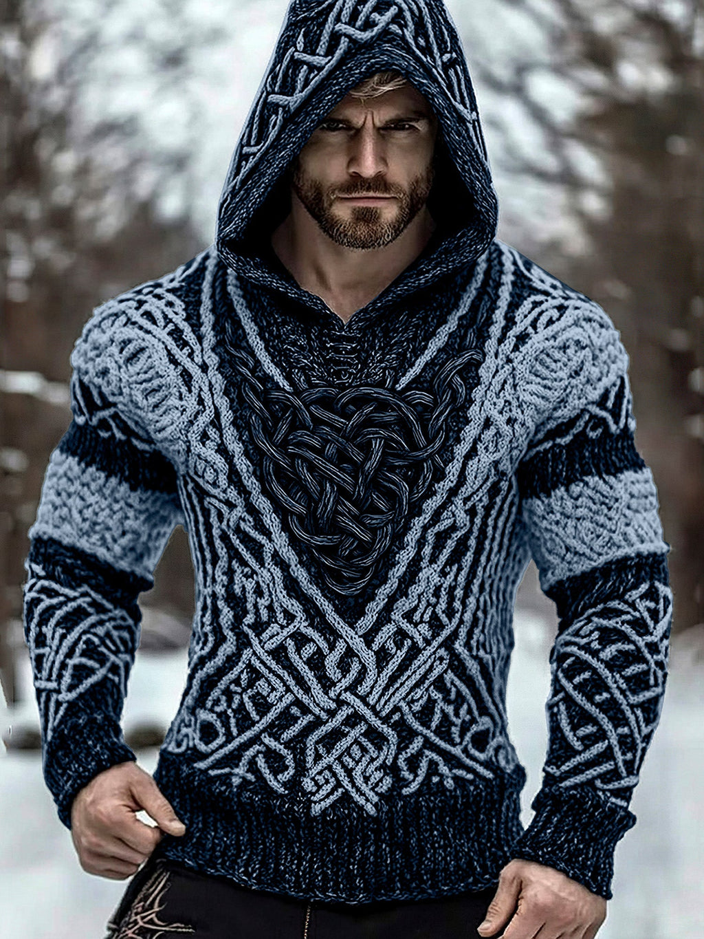Men's Viking Jacquard Inspired Celtic Hooded Sweater elevenforest