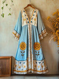 Boho Sunflowers Embroidered Gradient Lace Patchwork Linen Dress elevenforest