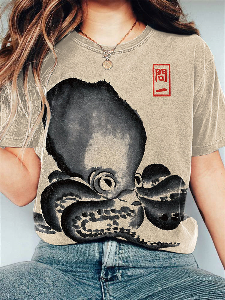 Vintage Octopus Japanese Art Print Casual Cotton T-Shirt elevenforest