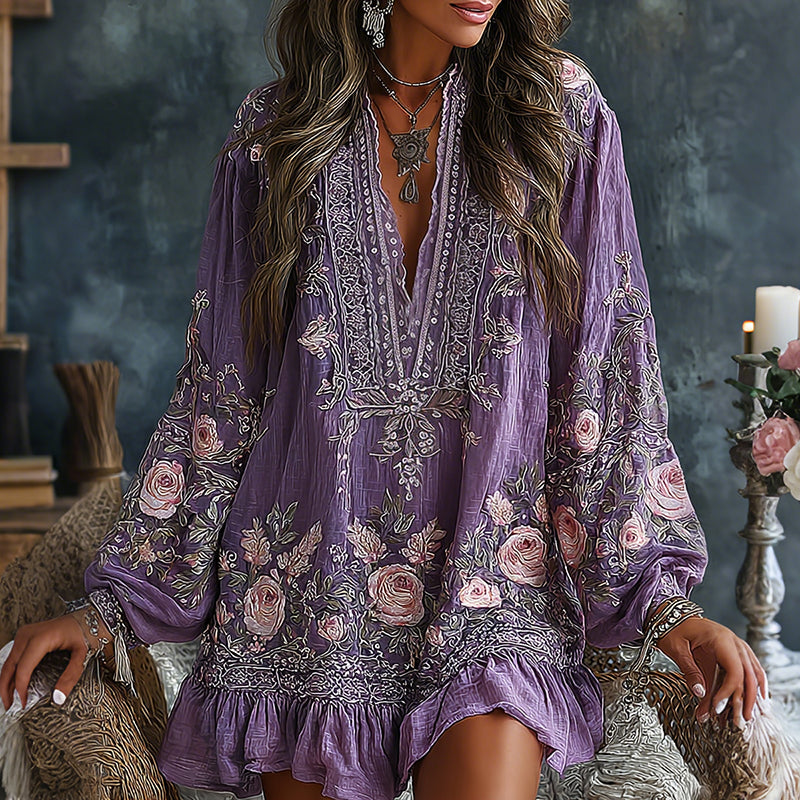 Women's Vintage Floral Art Flowy Linen Blend Casual V Neck Long Sleeve Maxi Dress elevenforest