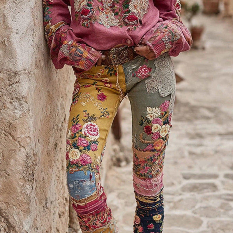 Women's Vintage Bohemian Floral Embroidery Patchwork Art Jeans elevenforest