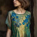 Classy Irises Embroidered Flowy Linen Tunic