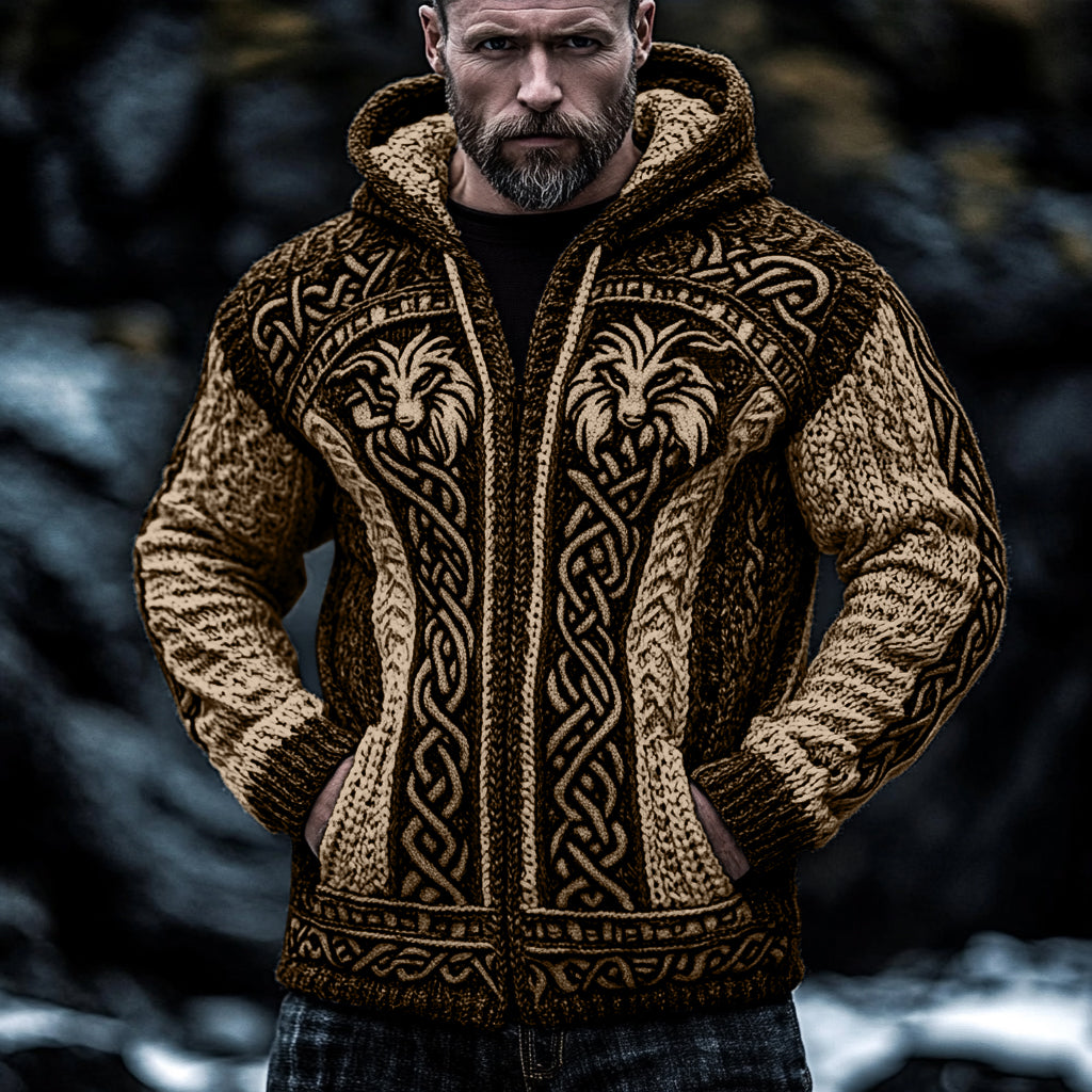 Men's Viking Wolf Style Celtic Thick Zip Hooded Sweater elevenforest