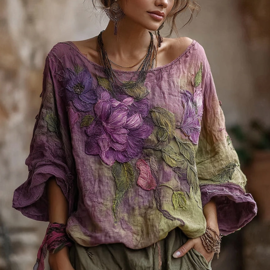 Vintage Purple Flowers Art Gradient Linen Shirt elevenforest
