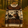 Women's Retro Cat Death Bat Fair Isle Style Halloween Print Sweater elevenforest