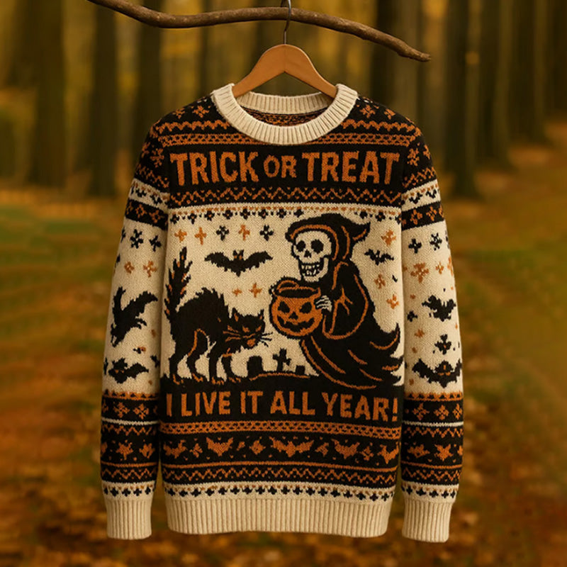 Women's Retro Cat Death Bat Fair Isle Style Halloween Print Sweater elevenforest