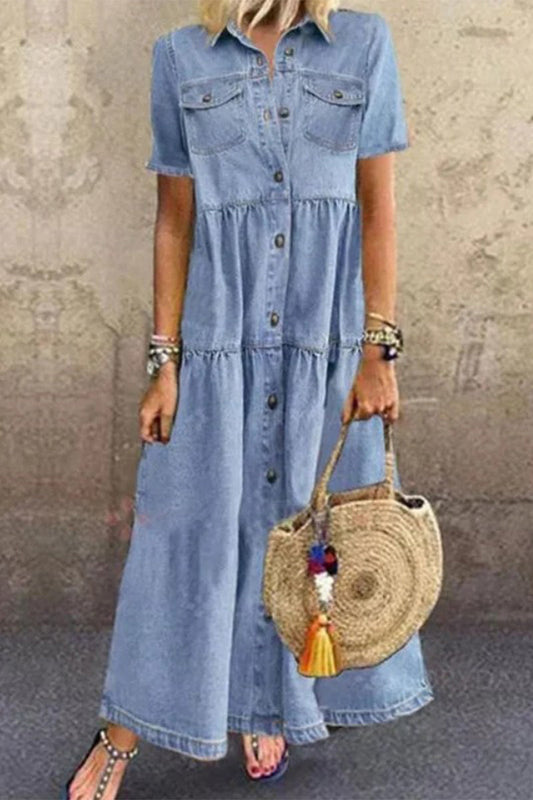 Make Old Turndown Collar Short Sleeve High Waist Regular Denim Dresses