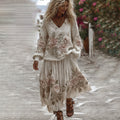 Classic Rose Art Cozy Knit V Neck Sweater And Linen Skirt Two-piece Set elevenforest