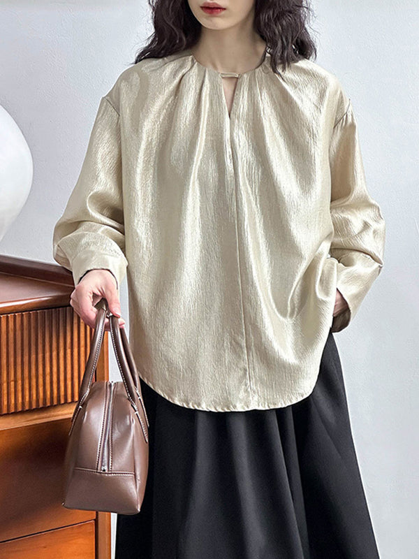 Long Sleeves Loose Hollow Shiny Color Round-neck Blouses&shirts Tops