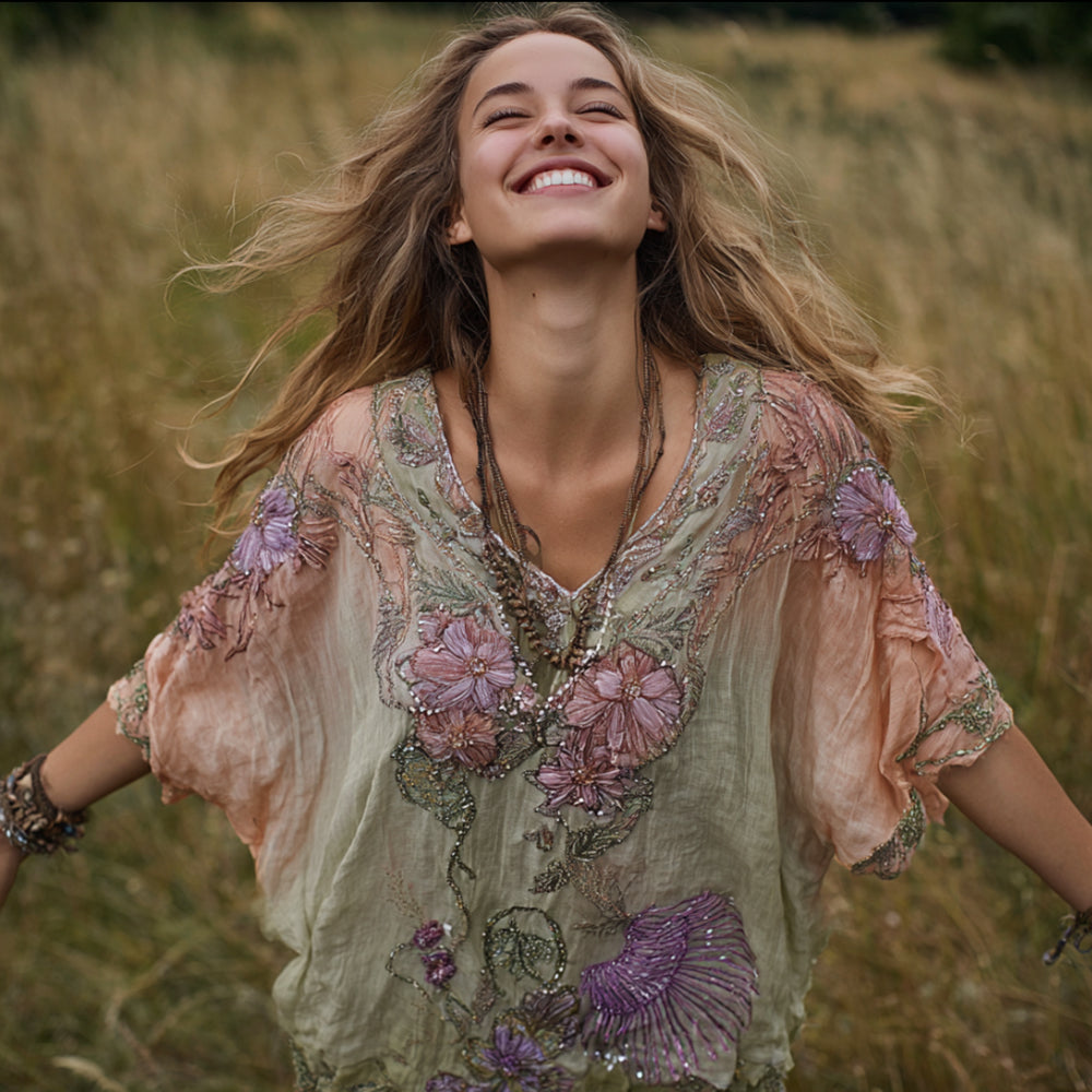 Women's Flower Embroidery V-neck Sunset And Grassland Color Matching Short-sleeved Shirt elevenforest