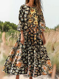Women's Spring Floral Print Flowy Round Neck Pocket Cotton Dress