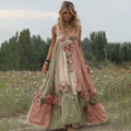 Women Vintage Floral Art V Neck Linen Maxi Dress elevenforest