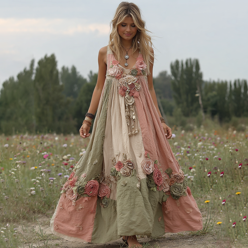 Women Vintage Floral Art V Neck Linen Maxi Dress elevenforest