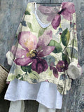 Comstylish Watercolor Floral Print Cozy Vintage Cotton Linen Shirt