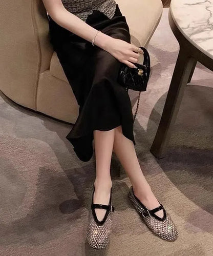 Black Walking Sandals Comfy Splicing Hollow Out Zircon Buckle Strap Aa041