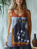 Cute Cat Patchwork Artistic Linen Blend Tank Top