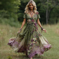 Women's Vintage Floral Embroidery Gradient Pattern V-neck Maxi Dress elevenforest