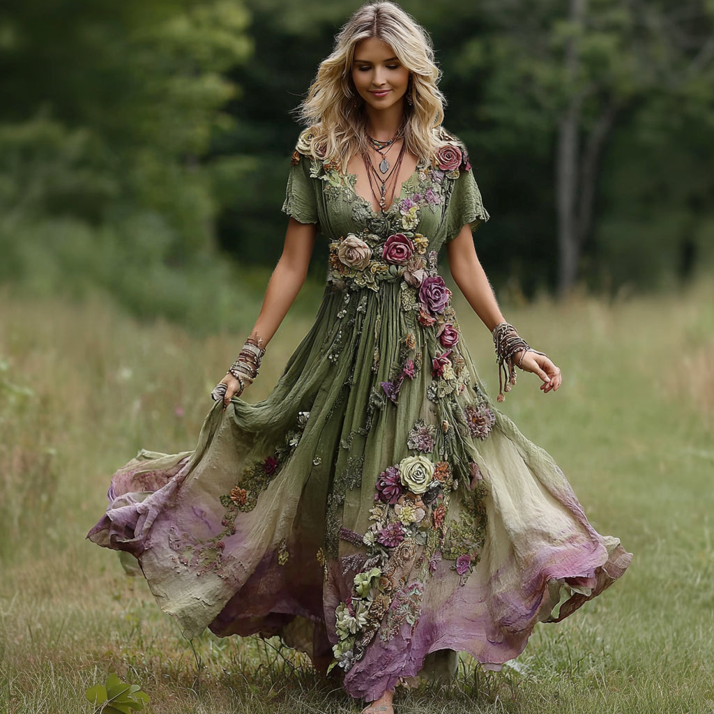 Women's Vintage Floral Embroidery Gradient Pattern V-neck Maxi Dress elevenforest