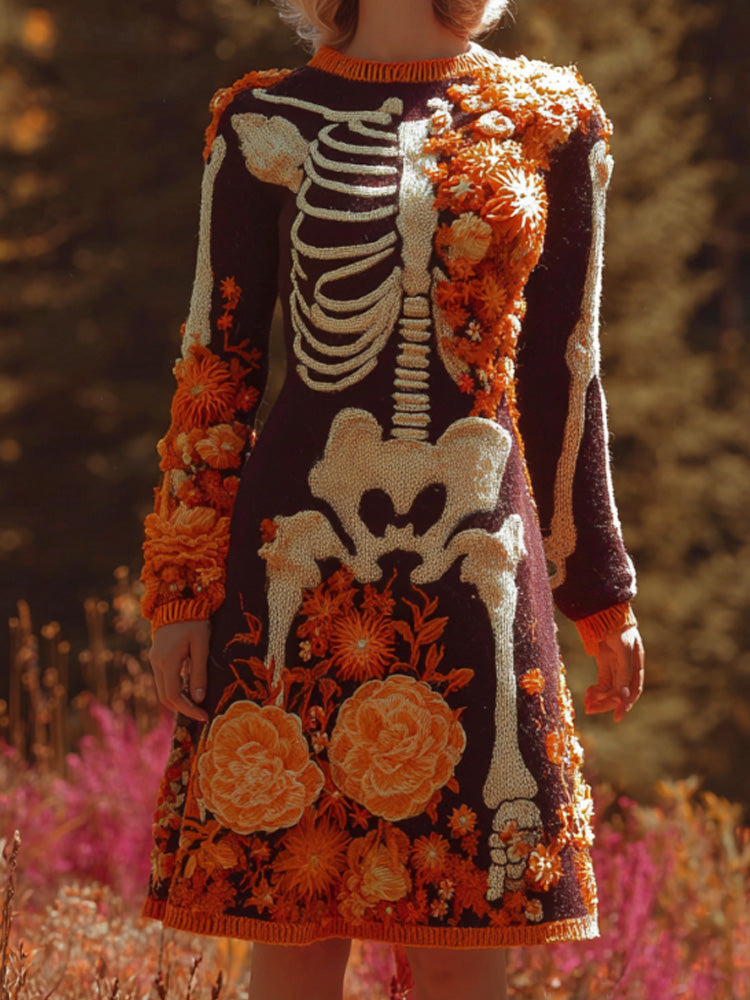 Women's Halloween Warm Tone Skull Rose Embroidered Dress elevenforest