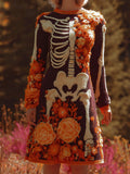 Women's Halloween Warm Tone Skull Rose Embroidered Dress elevenforest