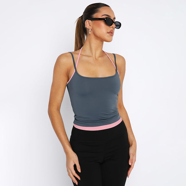 Spring New Adjustable Straps Halter Clash Color Fake Two Piece Square Neck Backless Hottie Girl Style Top