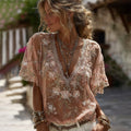 Women's Vintage Floral Embroidered V-neck T-shirt elevenforest