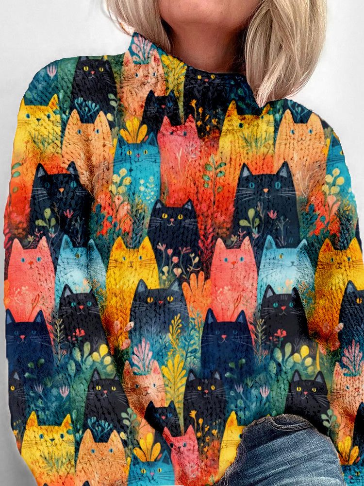Comstylish Cute Colorful Cats In A Rainbow Garden Pattern Cozy Sweater
