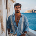 Men's Vintage Greek Key Pattern Embroidered Linen Blend Comfy Blouse elevenforest