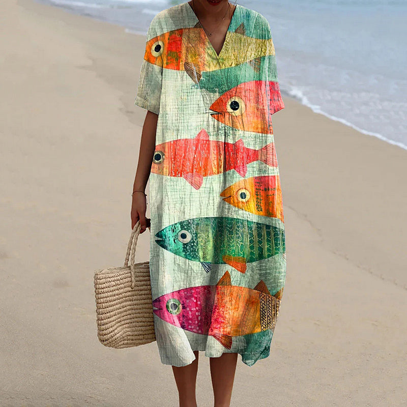 Comstylish Women's Holiday Series Art Fish Pattern Pattern Casual Flowy Midi Dress