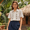 Elegant Lace Floral Embroidery Vintage Linen Blend Shirt elevenforest