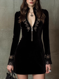 Comstylish Retro Velvet Embroidered Lace V-neck Long-sleeve Dress