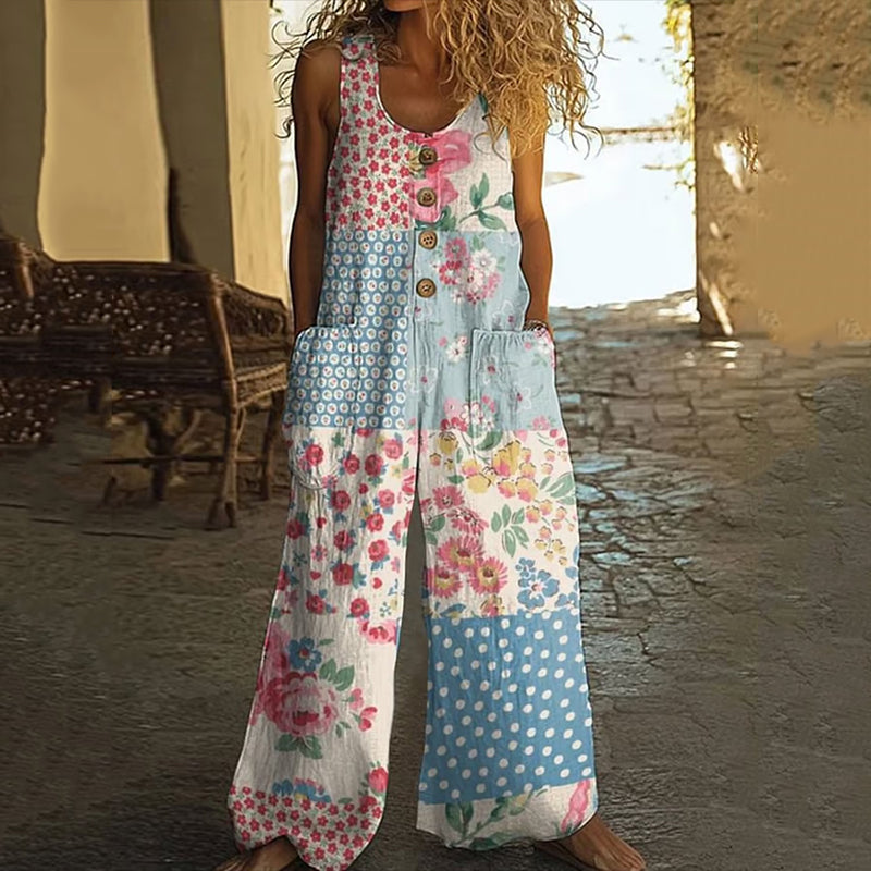 Vintage Floral Patchwork Print Women's Linen Vest Jumpsuit elevenforest