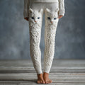 Women's Cute Cat Face Embroidered Cozy Knit Leggings