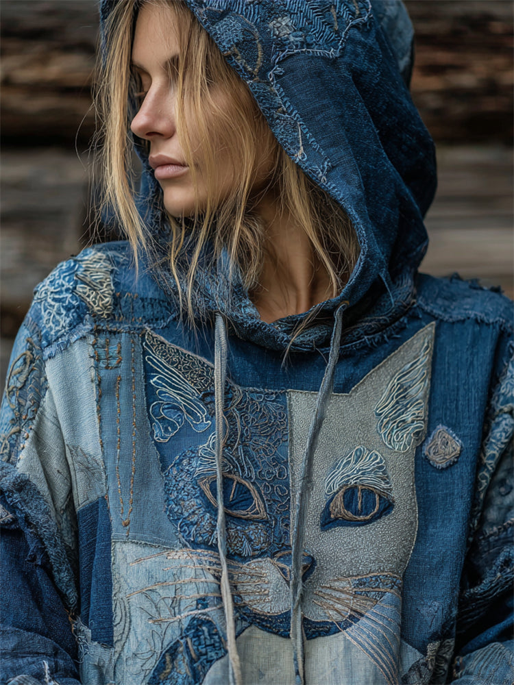 Vintage Cat Face Floral Fiber Art Patchwork Hoodie elevenforest