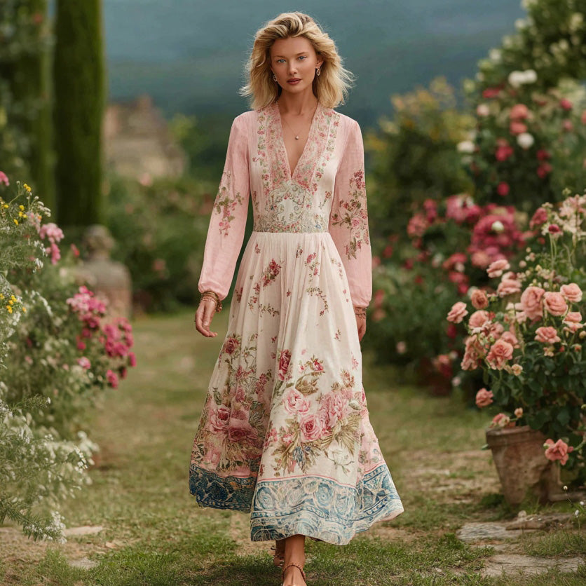 Women's Retro Bohemian Art Floral V-neck Long-sleeved Dress. elevenforest
