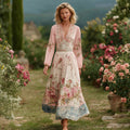 Women's Retro Bohemian Art Floral V-neck Long-sleeved Dress. elevenforest