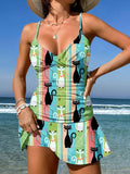 V-Neck Cat Art Print Suspender Skirt Tankini Pantskirt Set Swimsuit