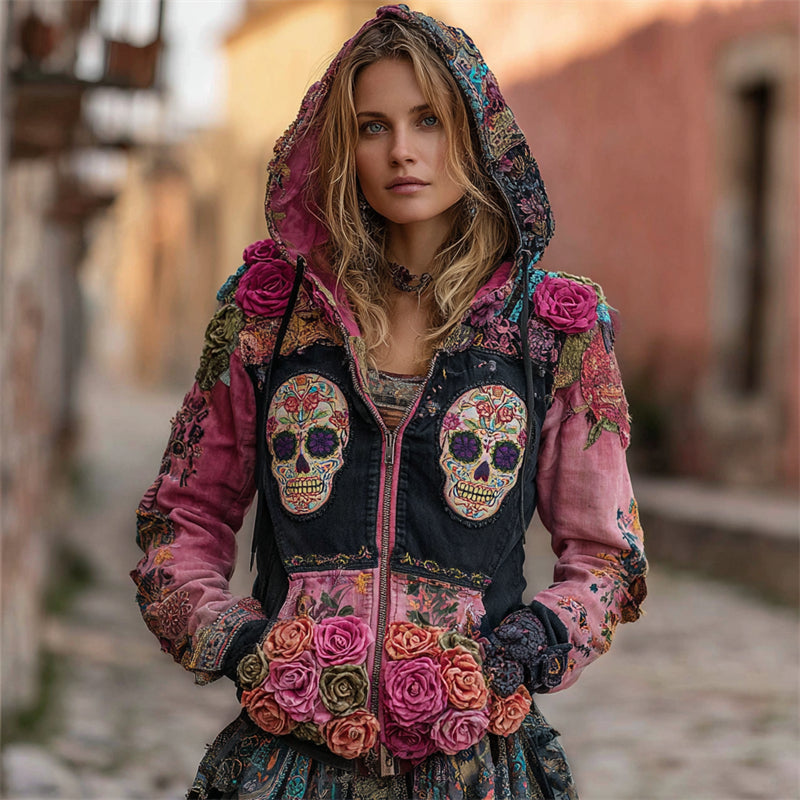 Day Of The Dead Sugar Skulls Roses Floral Colorblock Full Zip Hoodie elevenforest