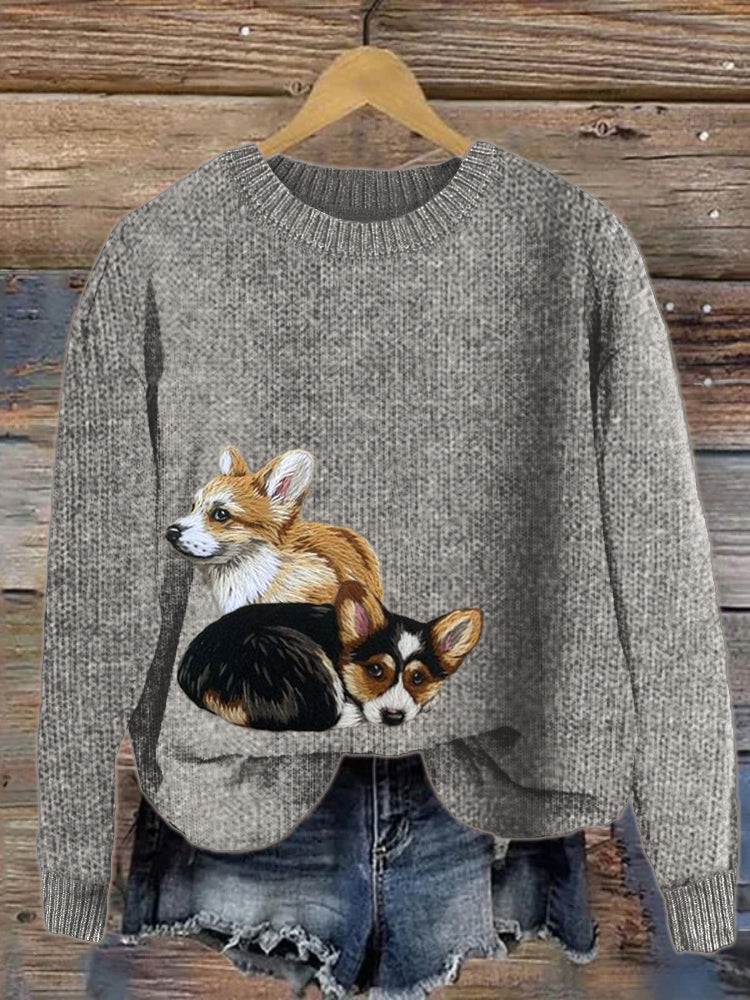 Comstylish Lovely Corgi Dogs Embroidered Cozy Knit Sweater