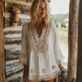 Bohemian Vintage Lace Patchwork Cotton And Linen V-neck Top elevenforest