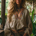 Women's Vacation Boho Tribal Print V-neck Linen Blend T-shirt elevenforest