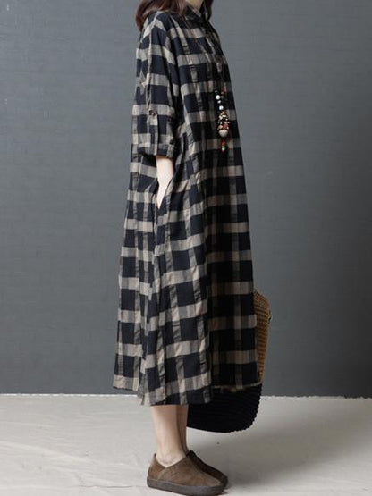 Loose Plaid Ramie Cotton Blouse Midi Dresses