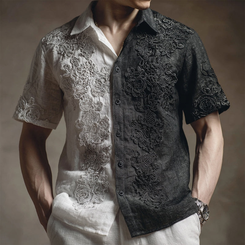 Men's Floral Lace Embroidered Contrast Color Linen Shirt elevenforest