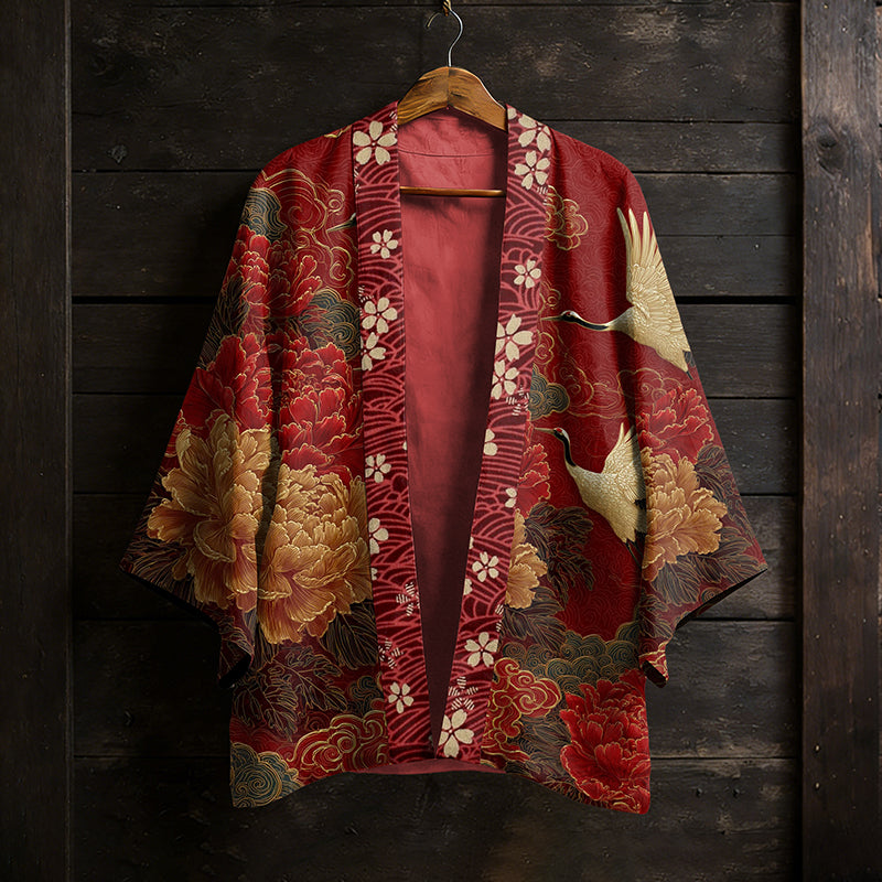 Japanese Vintage Flower White Crane Pattern Casual Kimono Cardigan elevenforest