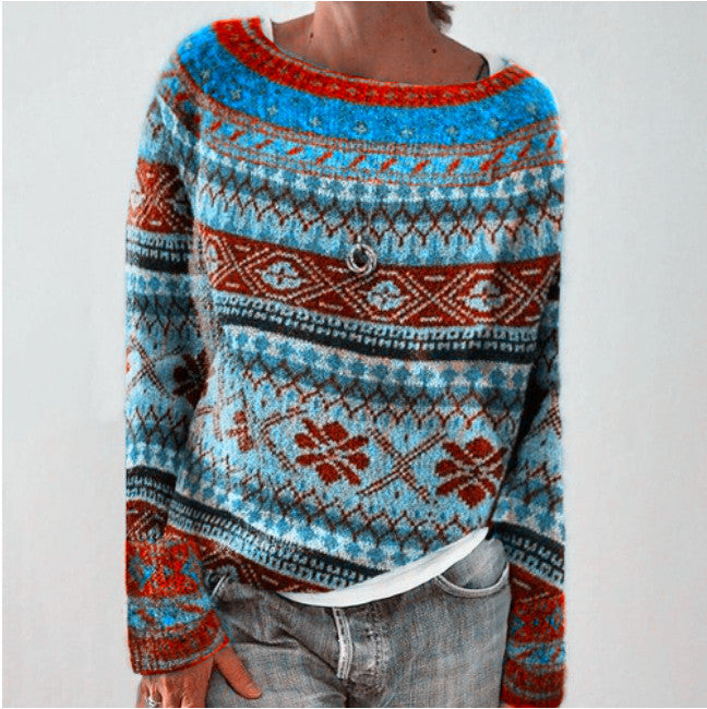 Round Neck Colorblock Loose Retro Jacquard Sweater elevenforest