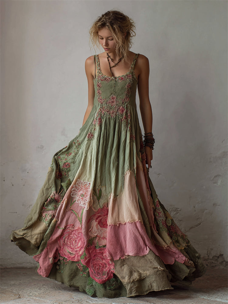 Pink Floral Embroidered Gradient Fiber Art Flowy Linen Maxi Dress elevenforest