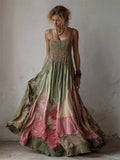 Pink Floral Embroidered Gradient Fiber Art Flowy Linen Maxi Dress elevenforest