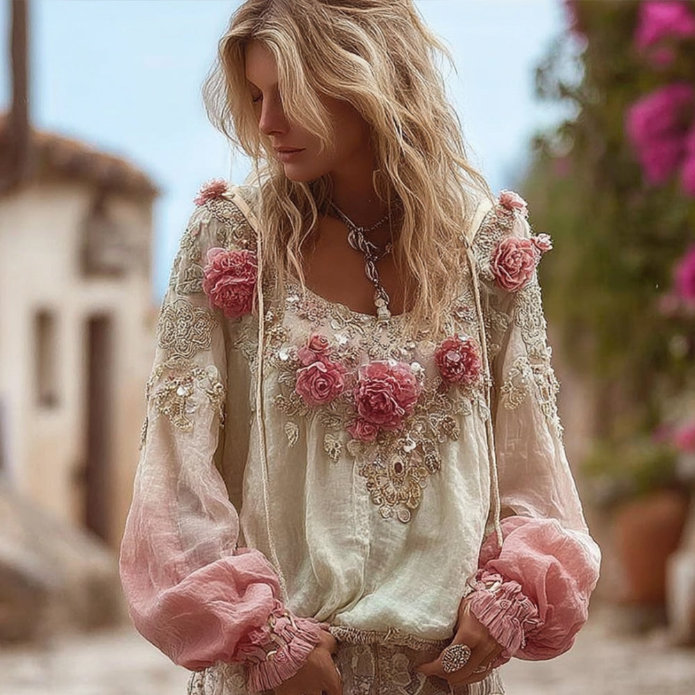 Bohemian Style Sequined Flower Loose Vintage Long-sleeved Top elevenforest