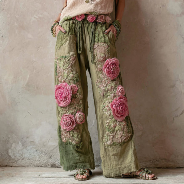 Vintage Floral Embroidered Art Print Straight Leg Linen Blend Pants elevenforest
